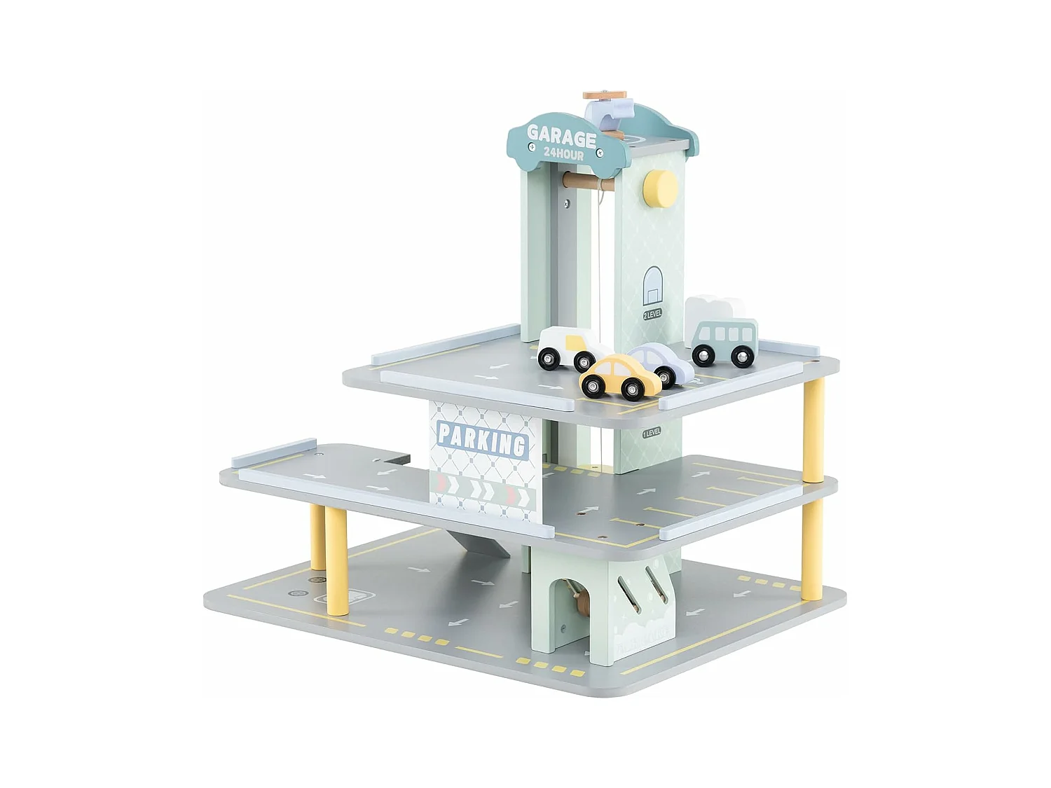 Garage en Bois à 3 Niveaux Enfants avec 4 Voitures & 1 Hélicoptère, avec Ascenseur Amovible, Station-Service & Héliport, Jeu d'Imitation pour 3 Ans+