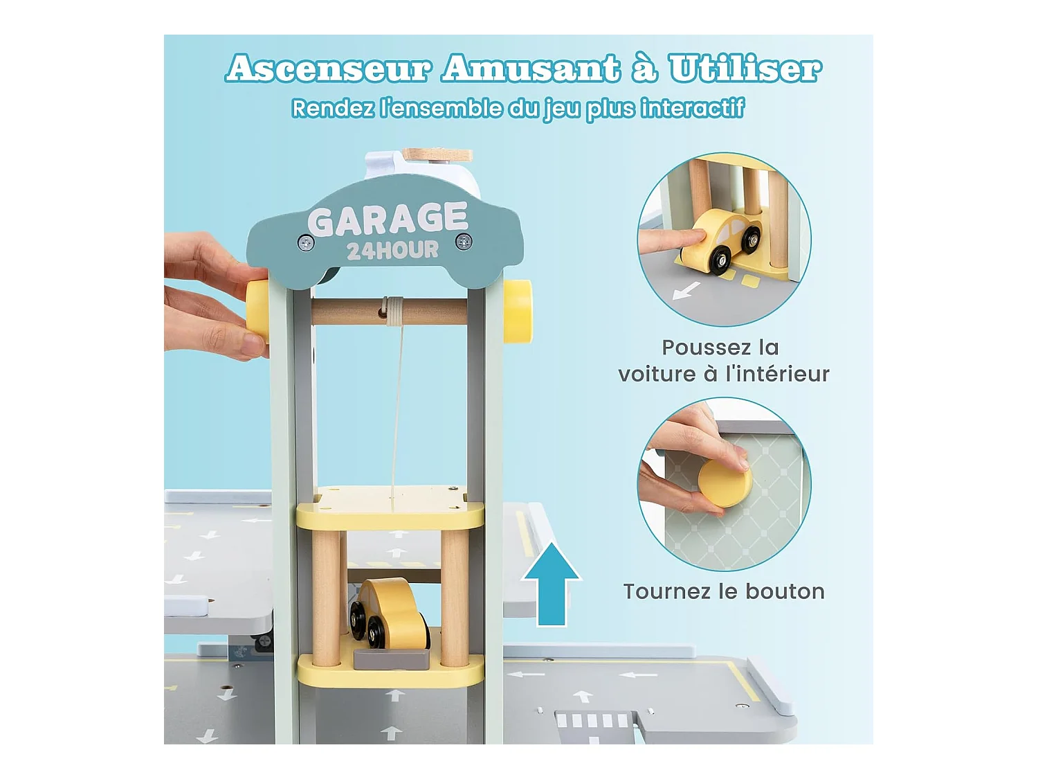 Garage en Bois à 3 Niveaux Enfants avec 4 Voitures & 1 Hélicoptère, avec Ascenseur Amovible, Station-Service & Héliport, Jeu d'Imitation pour 3 Ans+