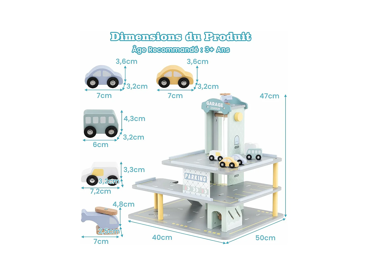 Garage en Bois à 3 Niveaux Enfants avec 4 Voitures & 1 Hélicoptère, avec Ascenseur Amovible, Station-Service & Héliport, Jeu d'Imitation pour 3 Ans+
