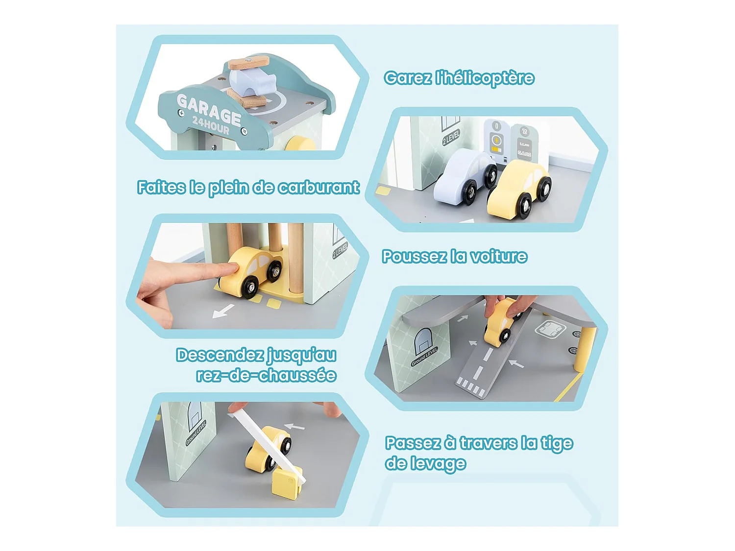 Garage en Bois à 3 Niveaux Enfants avec 4 Voitures & 1 Hélicoptère, avec Ascenseur Amovible, Station-Service & Héliport, Jeu d'Imitation pour 3 Ans+