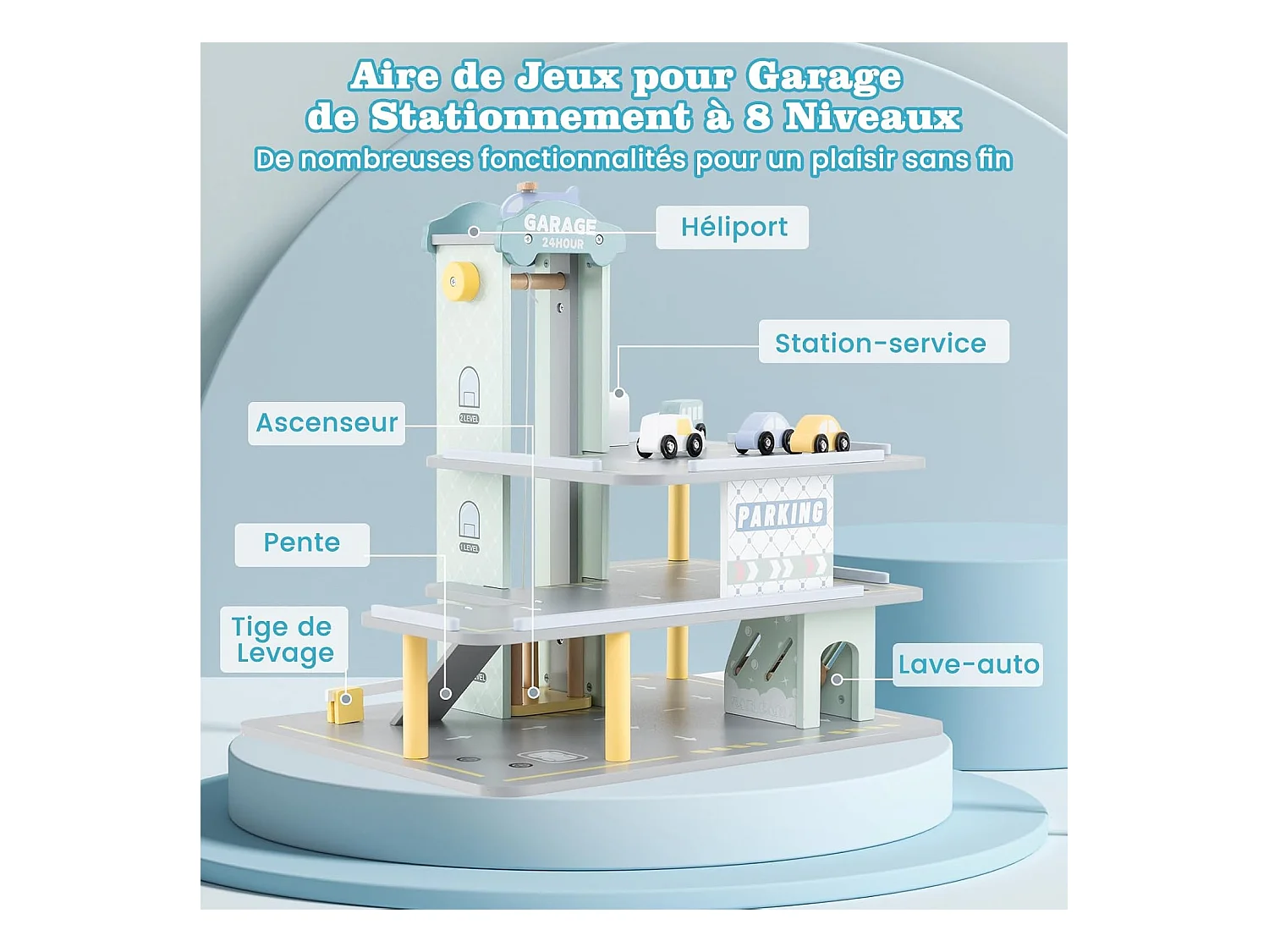 Garage en Bois à 3 Niveaux Enfants avec 4 Voitures & 1 Hélicoptère, avec Ascenseur Amovible, Station-Service & Héliport, Jeu d'Imitation pour 3 Ans+
