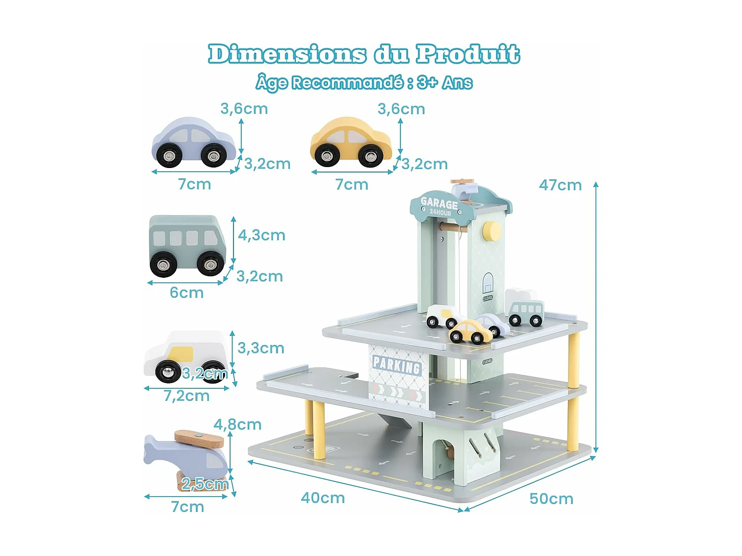 Garage en Bois à 3 Niveaux Enfants avec 4 Voitures & 1 Hélicoptère, avec Ascenseur Amovible, Station-Service & Héliport, Jeu d'Imitation pour 3 Ans+