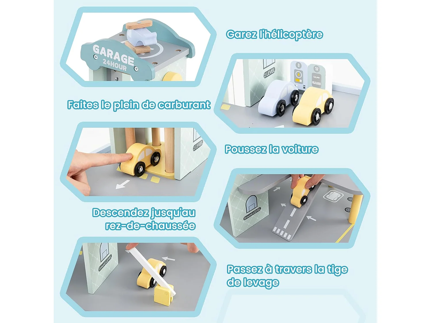 Garage en Bois à 3 Niveaux Enfants avec 4 Voitures & 1 Hélicoptère, avec Ascenseur Amovible, Station-Service & Héliport, Jeu d'Imitation pour 3 Ans+