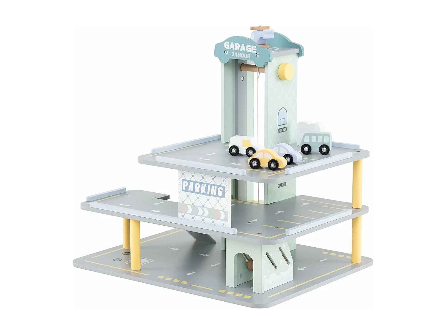 Garage en Bois à 3 Niveaux Enfants avec 4 Voitures & 1 Hélicoptère, avec Ascenseur Amovible, Station-Service & Héliport, Jeu d'Imitation pour 3 Ans+