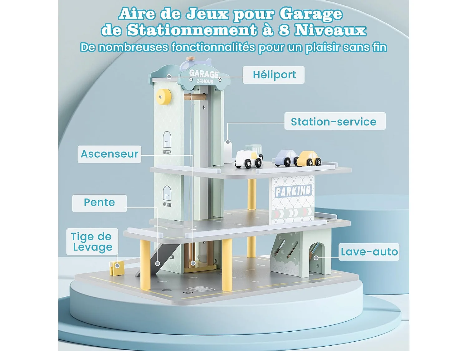 Garage en Bois à 3 Niveaux Enfants avec 4 Voitures & 1 Hélicoptère, avec Ascenseur Amovible, Station-Service & Héliport, Jeu d'Imitation pour 3 Ans+