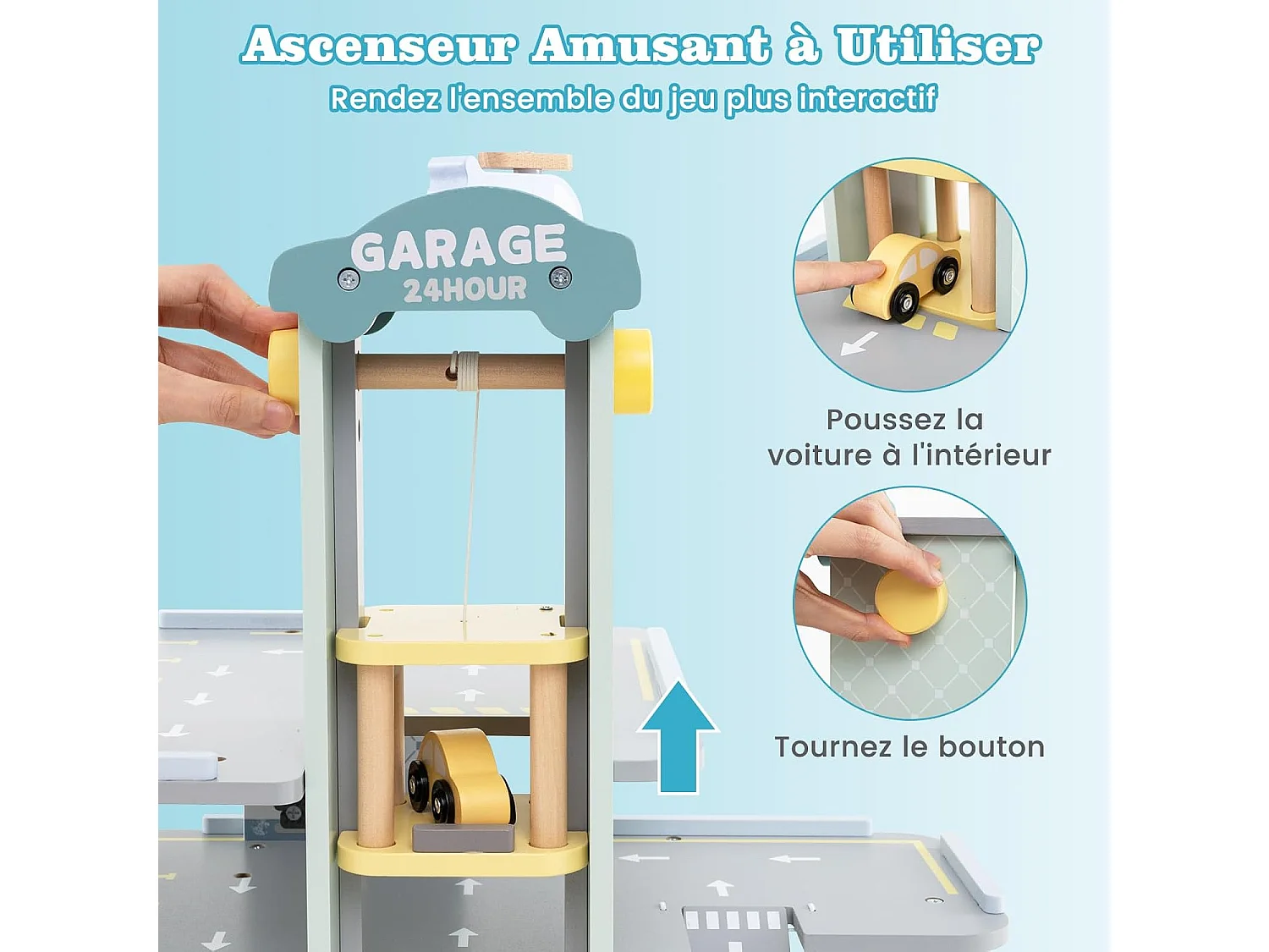 Garage en Bois à 3 Niveaux Enfants avec 4 Voitures & 1 Hélicoptère, avec Ascenseur Amovible, Station-Service & Héliport, Jeu d'Imitation pour 3 Ans+