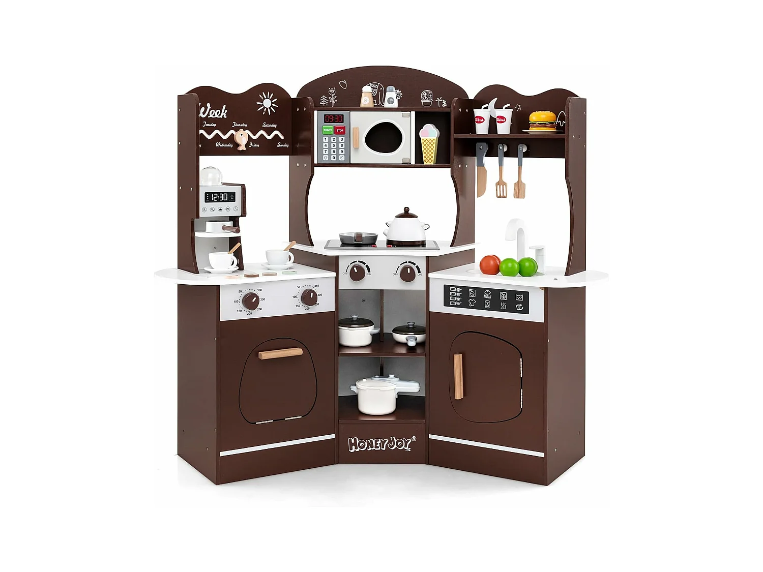 Cuisine Enfants en Bois avec 18 Accessoires, Cuisine d’Angle Enfants avec Micro-Ondes & Étagères, Lumières et Sons, Jouet d’Imitation pour 3 Ans+ (Marron)