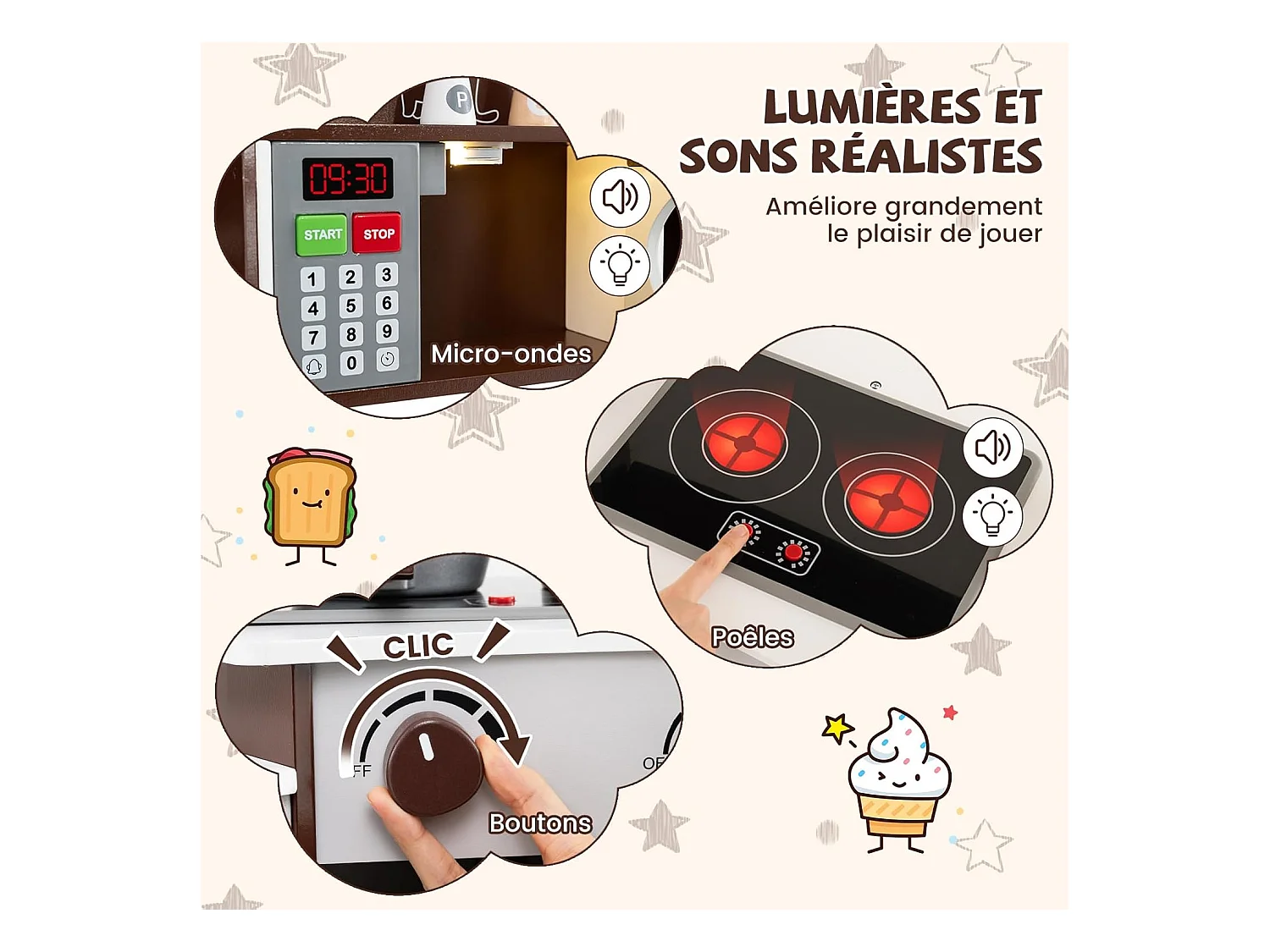 Cuisine Enfants en Bois avec 18 Accessoires, Cuisine d’Angle Enfants avec Micro-Ondes & Étagères, Lumières et Sons, Jouet d’Imitation pour 3 Ans+ (Marron)