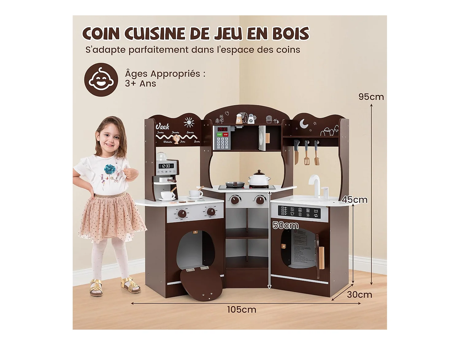 Cuisine Enfants en Bois avec 18 Accessoires, Cuisine d’Angle Enfants avec Micro-Ondes & Étagères, Lumières et Sons, Jouet d’Imitation pour 3 Ans+ (Marron)