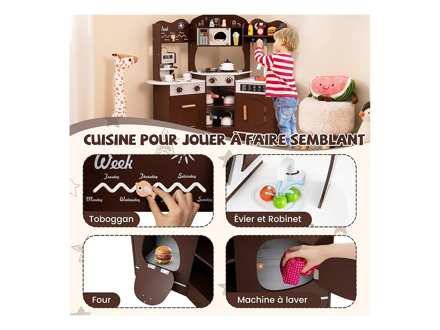 Cuisine Enfants en Bois avec 18 Accessoires, Cuisine d’Angle Enfants avec Micro-Ondes & Étagères, Lumières et Sons, Jouet d’Imitation pour 3 Ans+ (Marron)