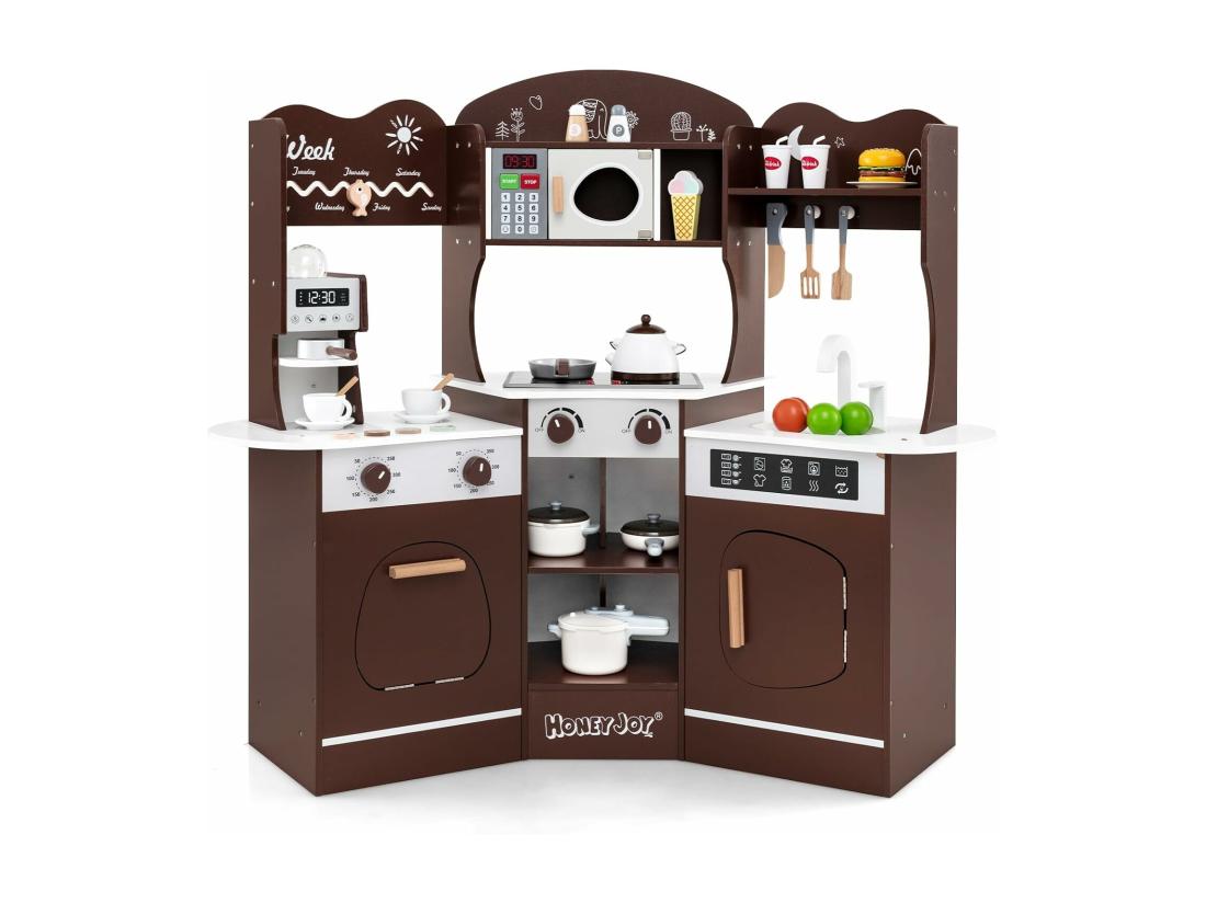 vente unique Cuisine Enfants en Bois avec 18 Accessoires Cuisine d’Angle Enfants avec Micro-Ondes & Étagères Lumières et Sons Jouet d’Imitation pour 3 Ans+ (Marron)