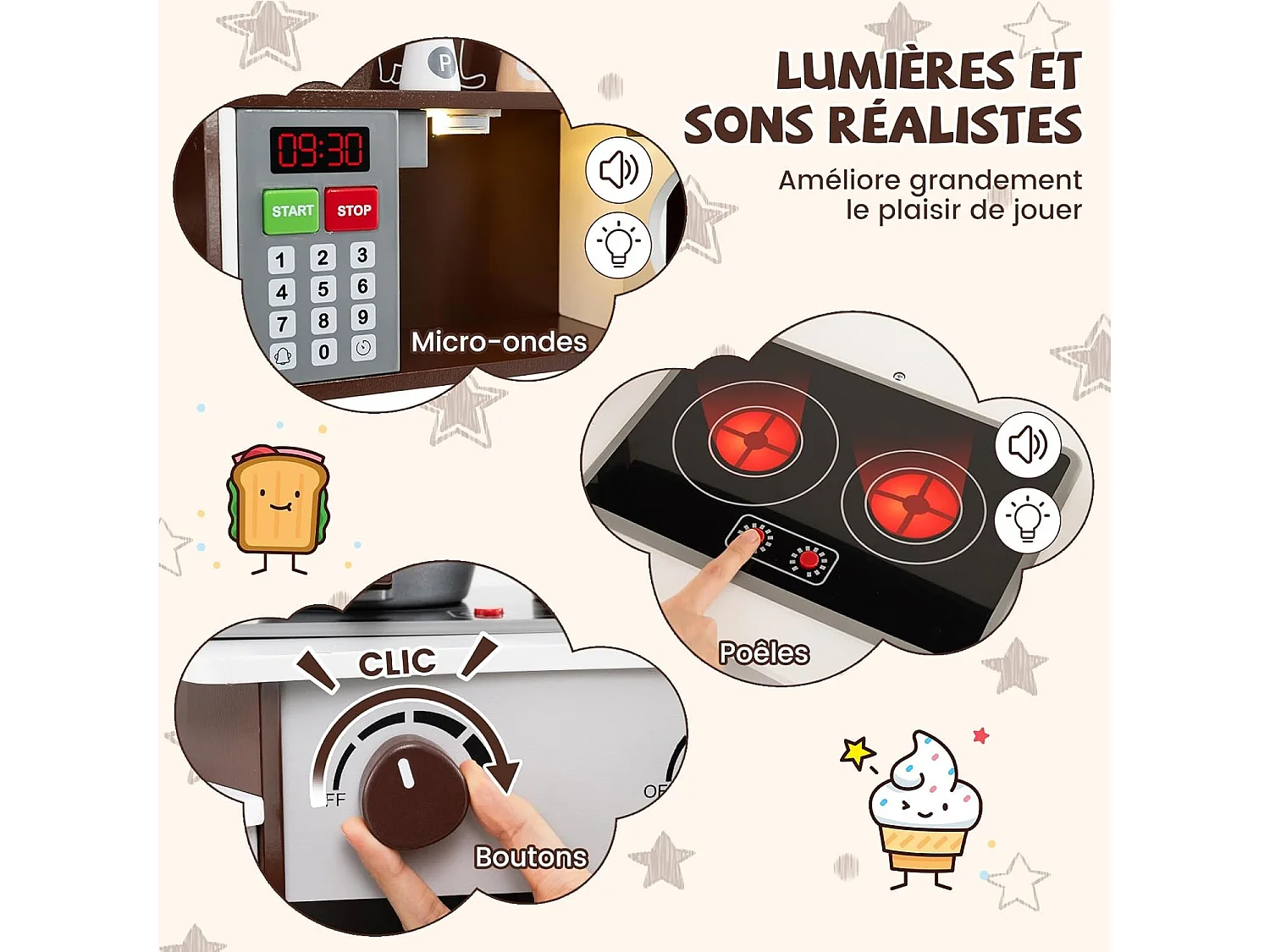Cuisine Enfants en Bois avec 18 Accessoires, Cuisine d’Angle Enfants avec Micro-Ondes & Étagères, Lumières et Sons, Jouet d’Imitation pour 3 Ans+ (Marron)