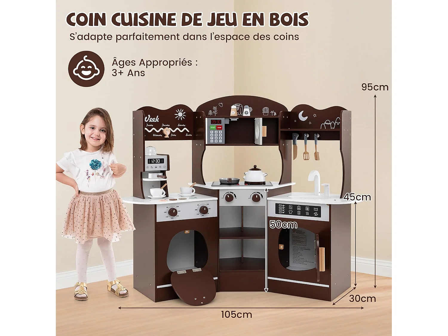 Cuisine Enfants en Bois avec 18 Accessoires, Cuisine d’Angle Enfants avec Micro-Ondes & Étagères, Lumières et Sons, Jouet d’Imitation pour 3 Ans+ (Marron)