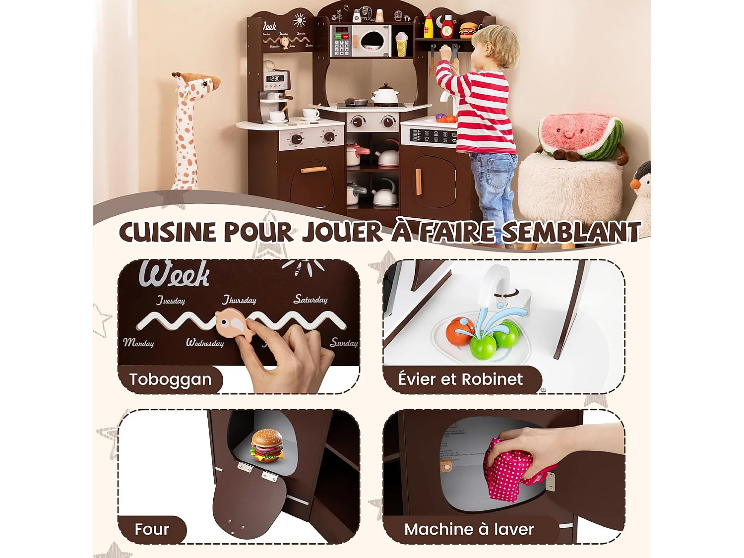 Cuisine Enfants en Bois avec 18 Accessoires, Cuisine d’Angle Enfants avec Micro-Ondes & Étagères, Lumières et Sons, Jouet d’Imitation pour 3 Ans+ (Marron)