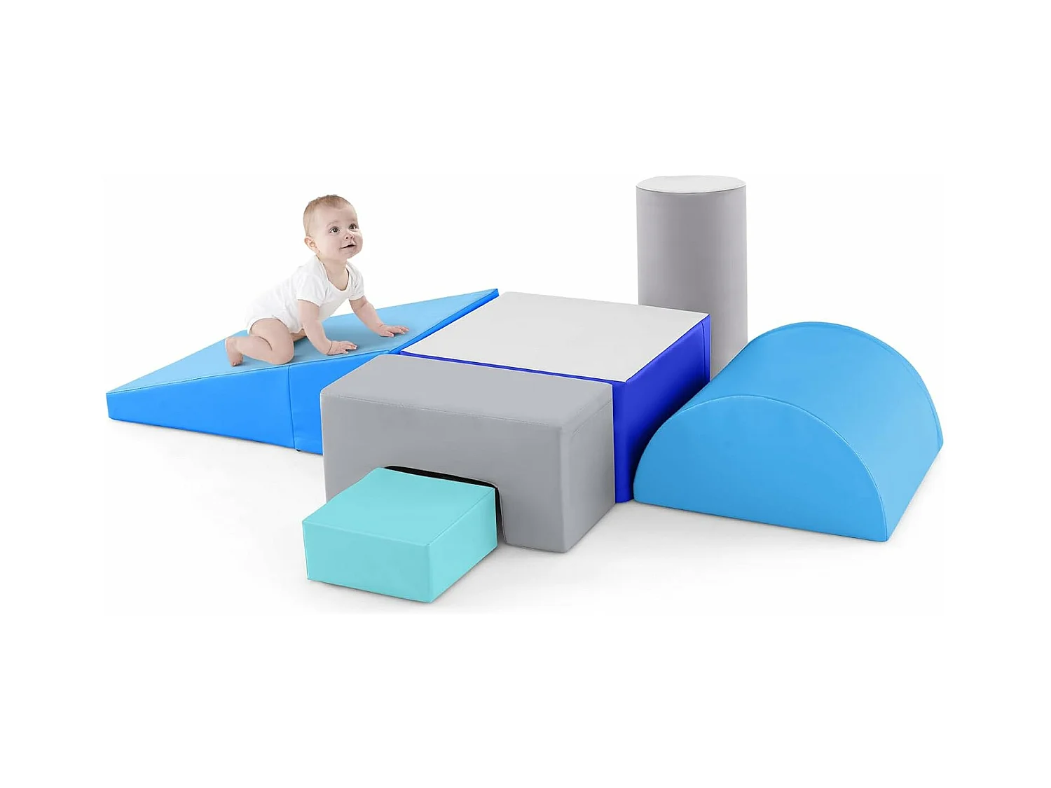 6 PCS Parcours Motricité Bébé en Mousse EPE, Module Motricité avec Fermeture Clair, Jouets Éducatifs pour Enfants, avec Housse en PU (Bleu+Gris)