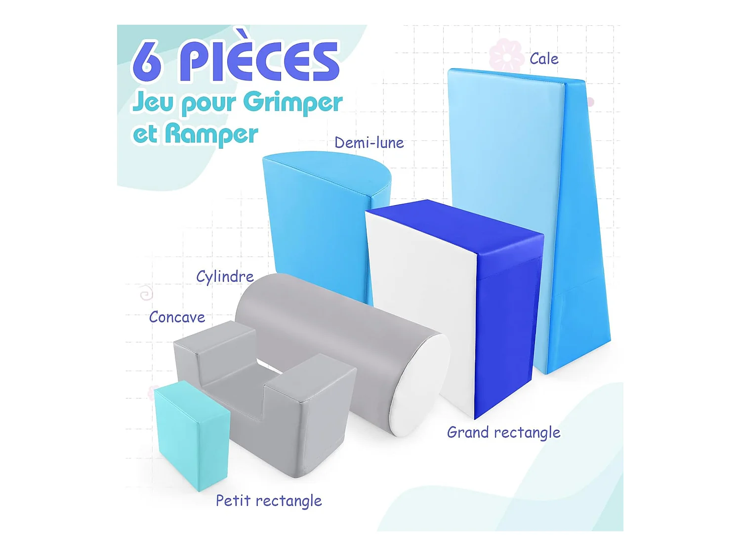 6 PCS Parcours Motricité Bébé en Mousse EPE, Module Motricité avec Fermeture Clair, Jouets Éducatifs pour Enfants, avec Housse en PU (Bleu+Gris)
