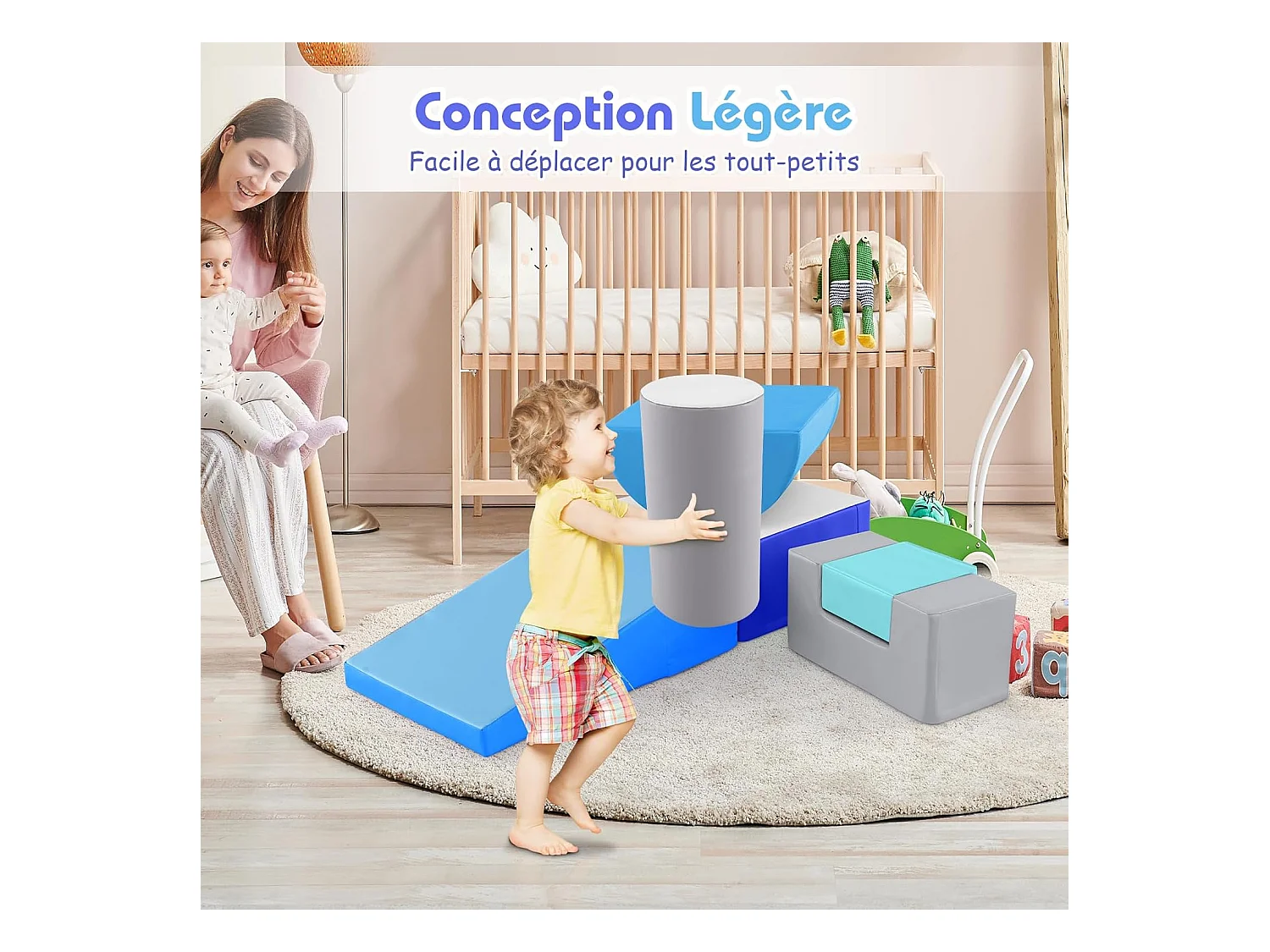 6 PCS Parcours Motricité Bébé en Mousse EPE, Module Motricité avec Fermeture Clair, Jouets Éducatifs pour Enfants, avec Housse en PU (Bleu+Gris)
