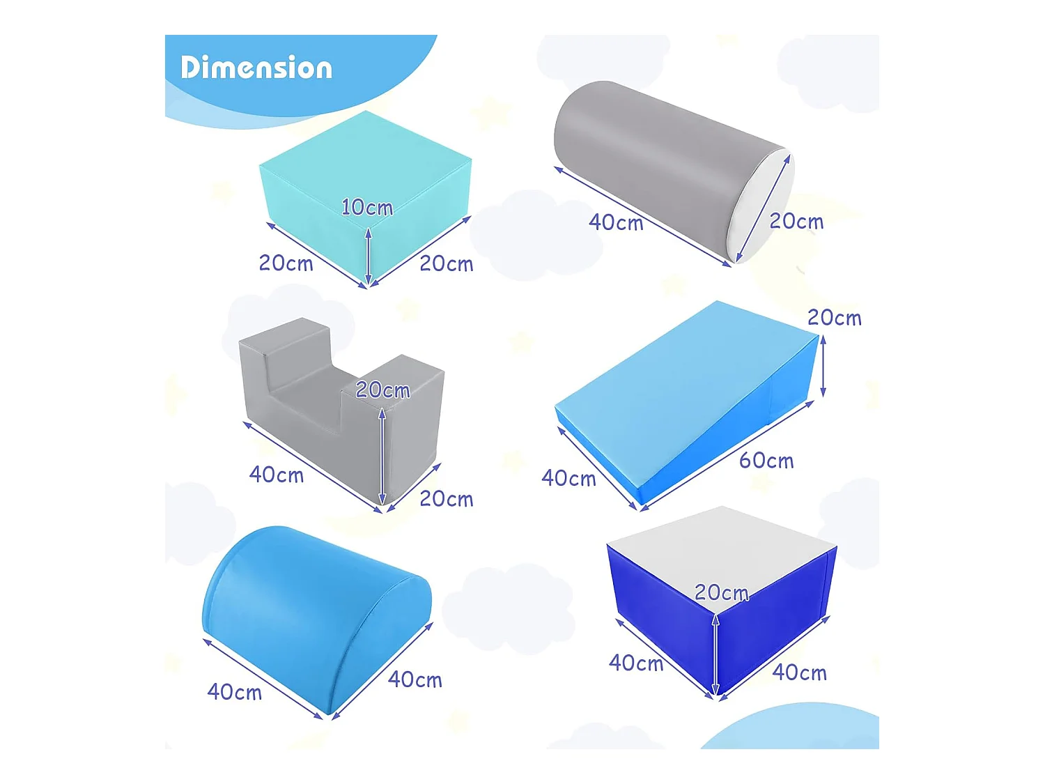 6 PCS Parcours Motricité Bébé en Mousse EPE, Module Motricité avec Fermeture Clair, Jouets Éducatifs pour Enfants, avec Housse en PU (Bleu+Gris)