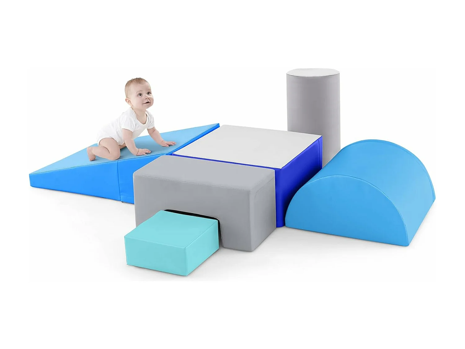 6 PCS Parcours Motricité Bébé en Mousse EPE, Module Motricité avec Fermeture Clair, Jouets Éducatifs pour Enfants, avec Housse en PU (Bleu+Gris)