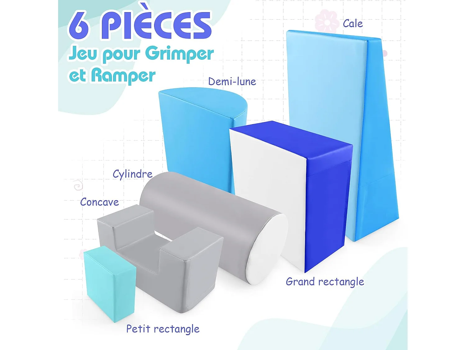 6 PCS Parcours Motricité Bébé en Mousse EPE, Module Motricité avec Fermeture Clair, Jouets Éducatifs pour Enfants, avec Housse en PU (Bleu+Gris)