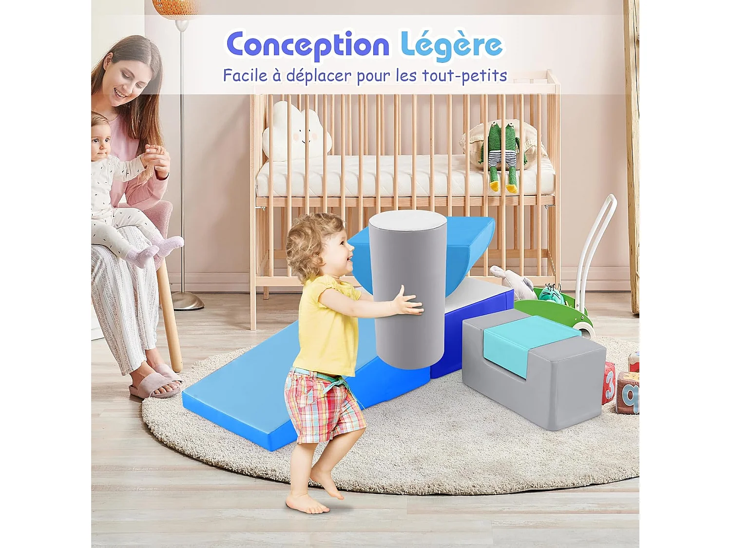 6 PCS Parcours Motricité Bébé en Mousse EPE, Module Motricité avec Fermeture Clair, Jouets Éducatifs pour Enfants, avec Housse en PU (Bleu+Gris)