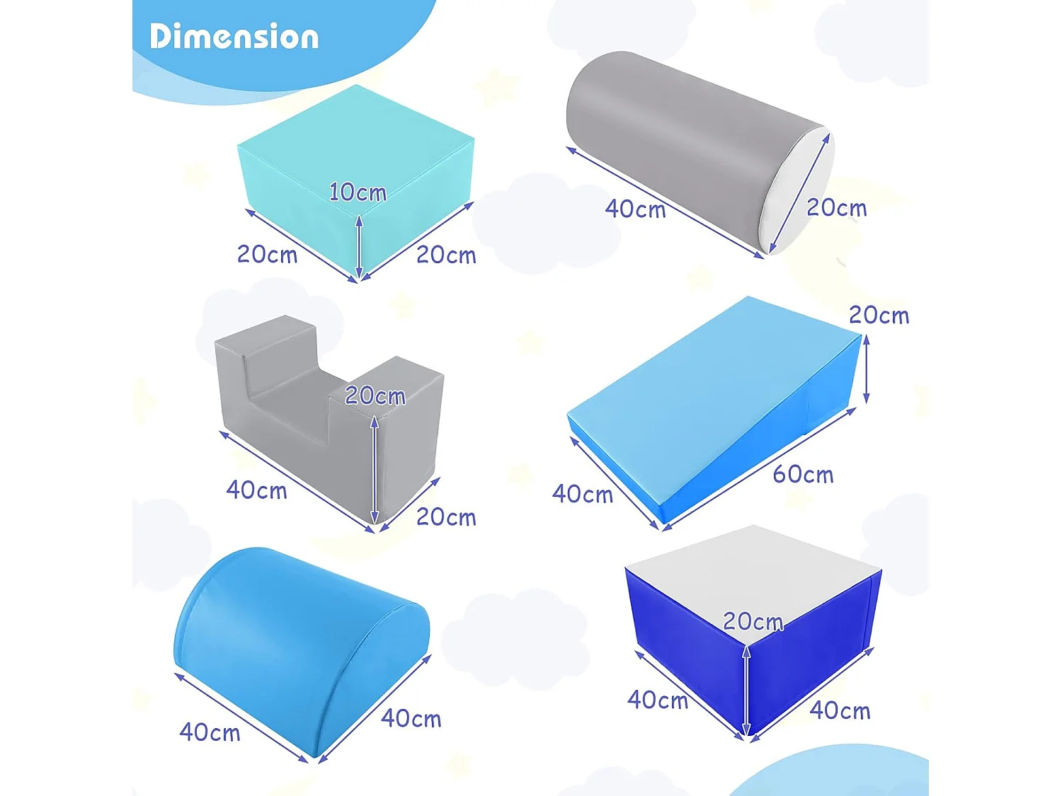 6 PCS Parcours Motricité Bébé en Mousse EPE, Module Motricité avec Fermeture Clair, Jouets Éducatifs pour Enfants, avec Housse en PU (Bleu+Gris)