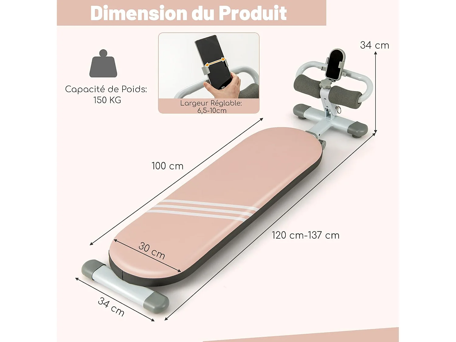 Banc de Musculation Multifonction avec 3 Angles et Longueur Réglable, Banc de Redressement Assis Pliable Charge 150KG, Plateforme d'Entraînement (Rose)