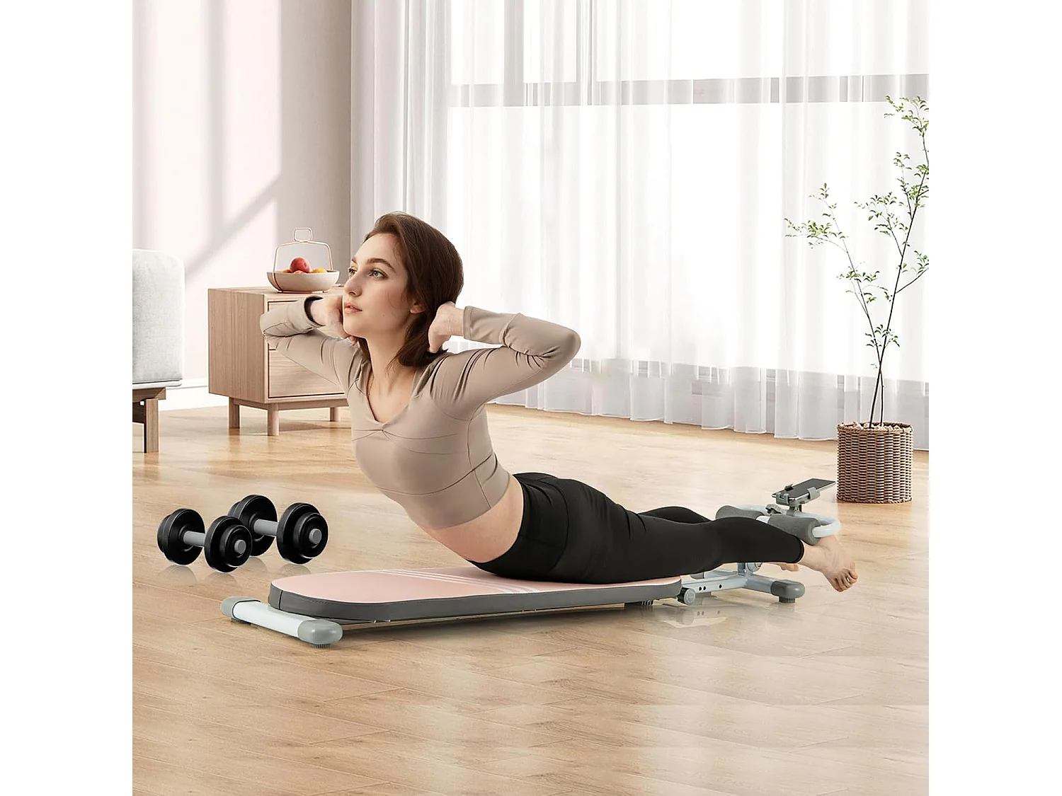 Banc de Musculation Multifonction avec 3 Angles et Longueur Réglable, Banc de Redressement Assis Pliable Charge 150KG, Plateforme d'Entraînement (Rose)