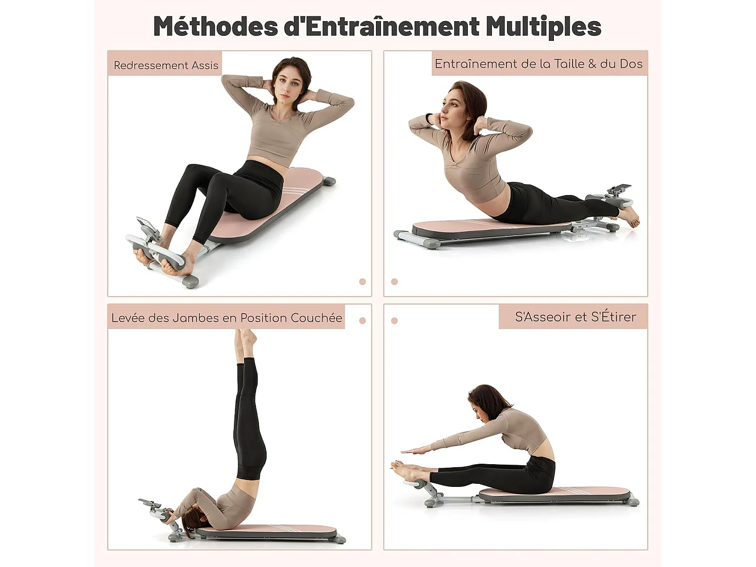 Banc de Musculation Multifonction avec 3 Angles et Longueur Réglable, Banc de Redressement Assis Pliable Charge 150KG, Plateforme d'Entraînement (Rose)