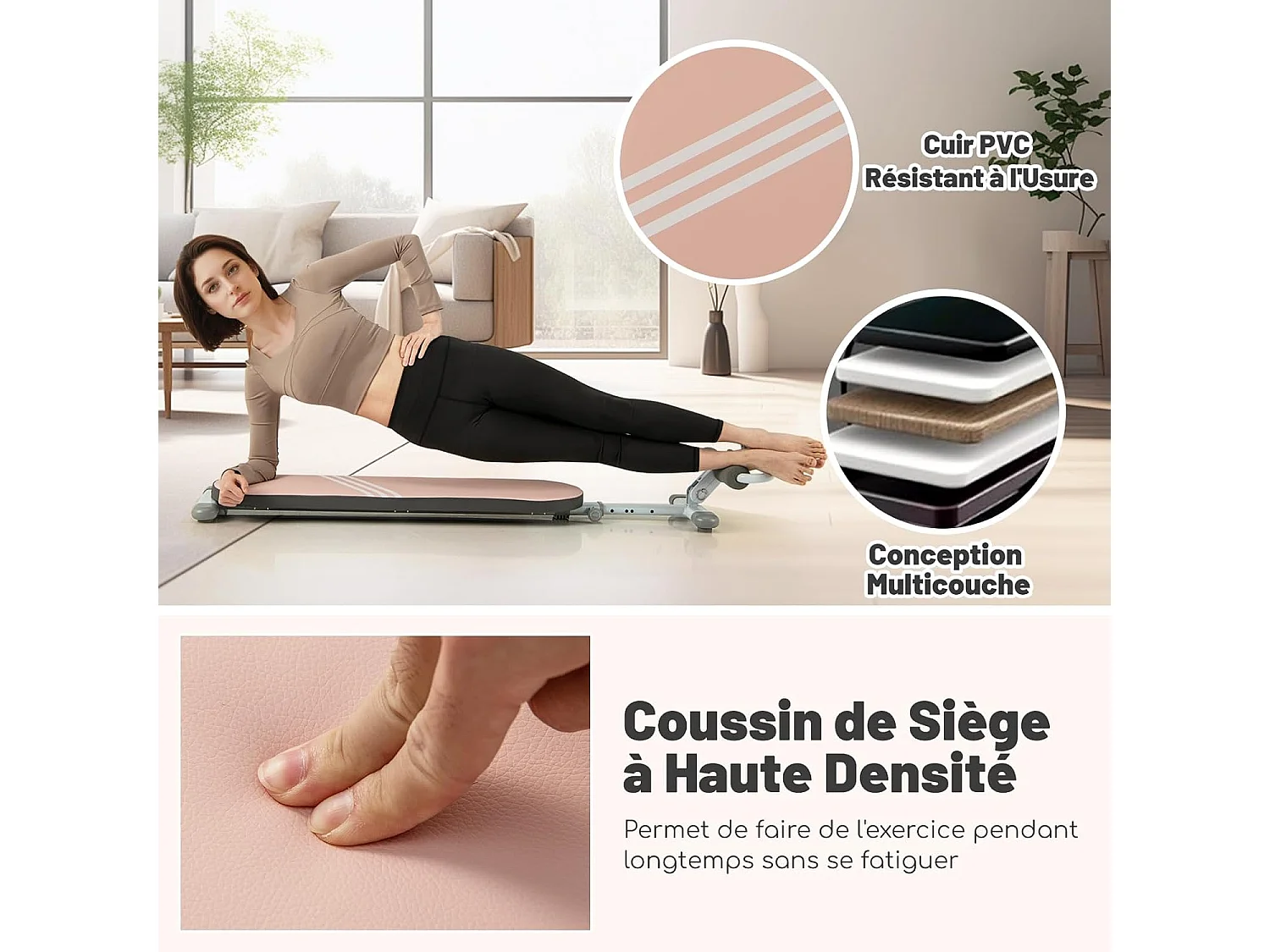 Banc de Musculation Multifonction avec 3 Angles et Longueur Réglable, Banc de Redressement Assis Pliable Charge 150KG, Plateforme d'Entraînement (Rose)