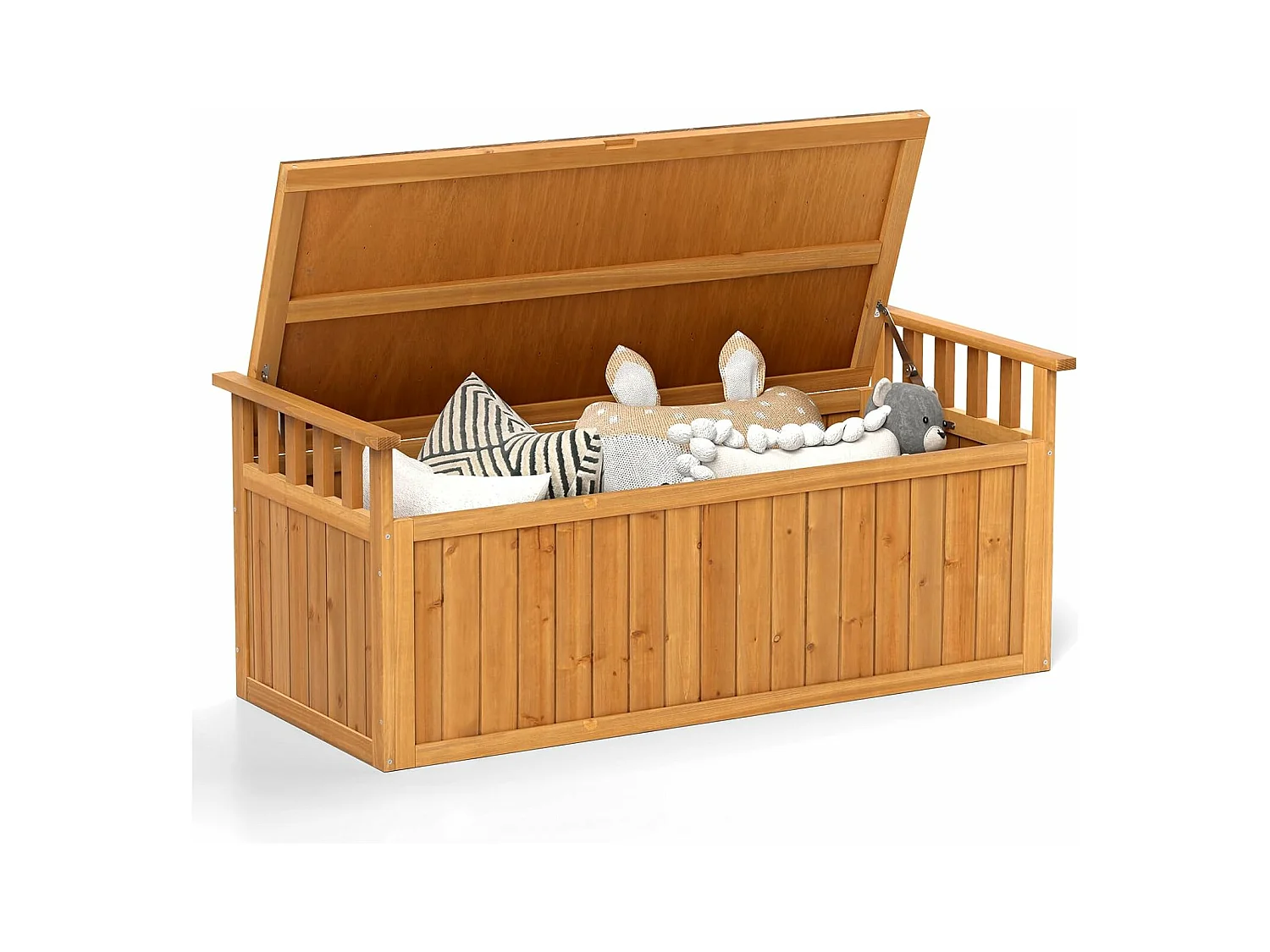 Banc de Rangement d'Extérieur en Bois, Banc de Jardin à 2 Places de 209 L avec Accoudoirs, Coffre de Stockage en Bois pour Outils de Jardin, Charge 100KG
