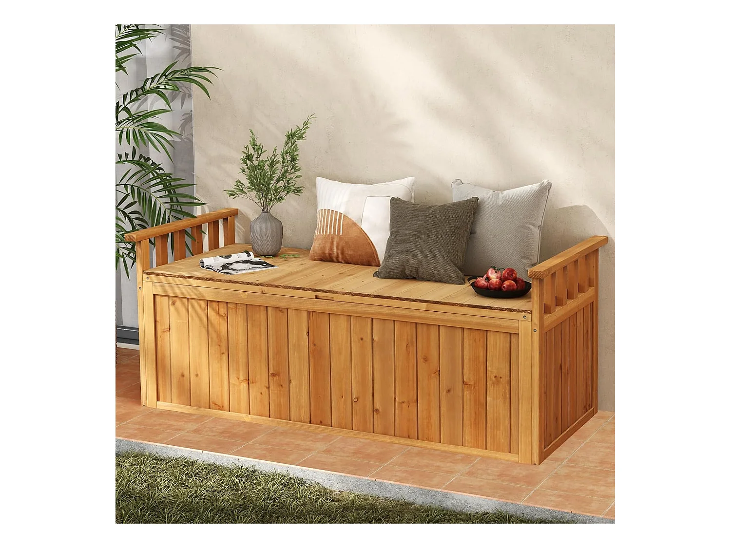 Banc de Rangement d'Extérieur en Bois, Banc de Jardin à 2 Places de 209 L avec Accoudoirs, Coffre de Stockage en Bois pour Outils de Jardin, Charge 100KG