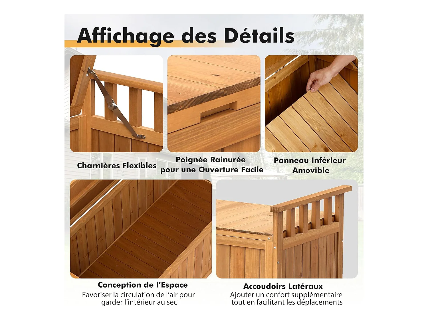 Banc de Rangement d'Extérieur en Bois, Banc de Jardin à 2 Places de 209 L avec Accoudoirs, Coffre de Stockage en Bois pour Outils de Jardin, Charge 100KG