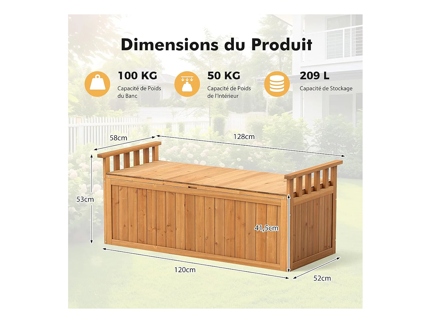 Banc de Rangement d'Extérieur en Bois, Banc de Jardin à 2 Places de 209 L avec Accoudoirs, Coffre de Stockage en Bois pour Outils de Jardin, Charge 100KG