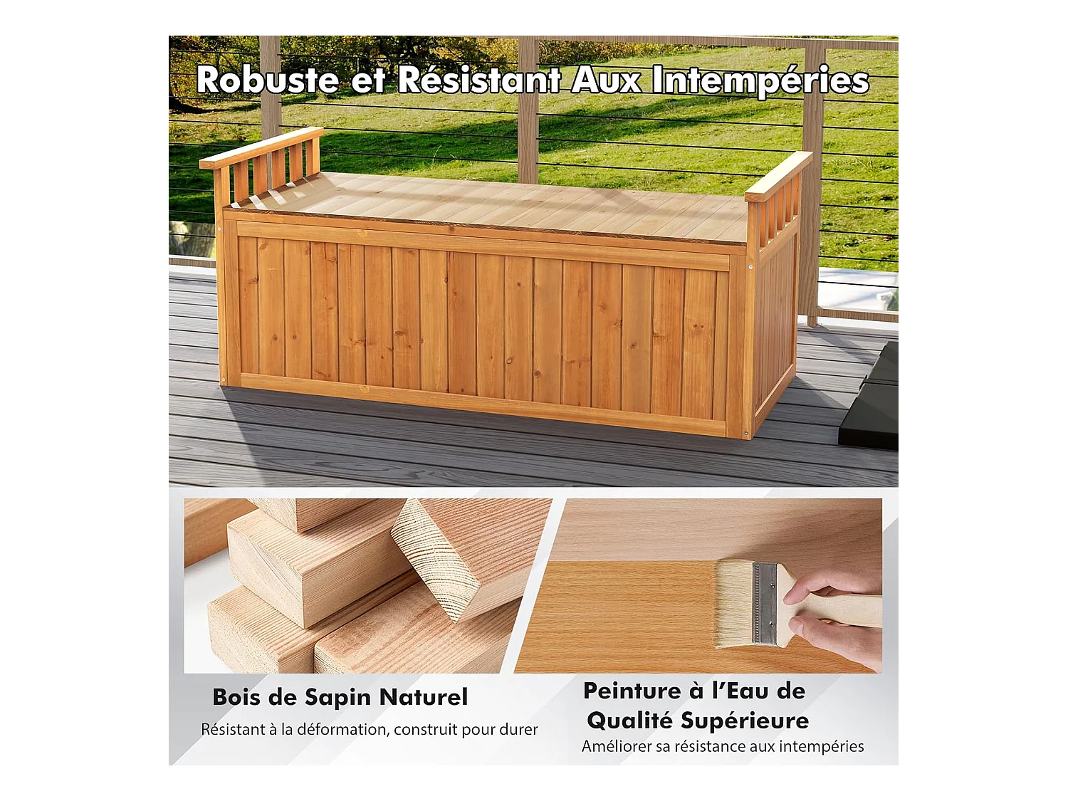 Banc de Rangement d'Extérieur en Bois, Banc de Jardin à 2 Places de 209 L avec Accoudoirs, Coffre de Stockage en Bois pour Outils de Jardin, Charge 100KG