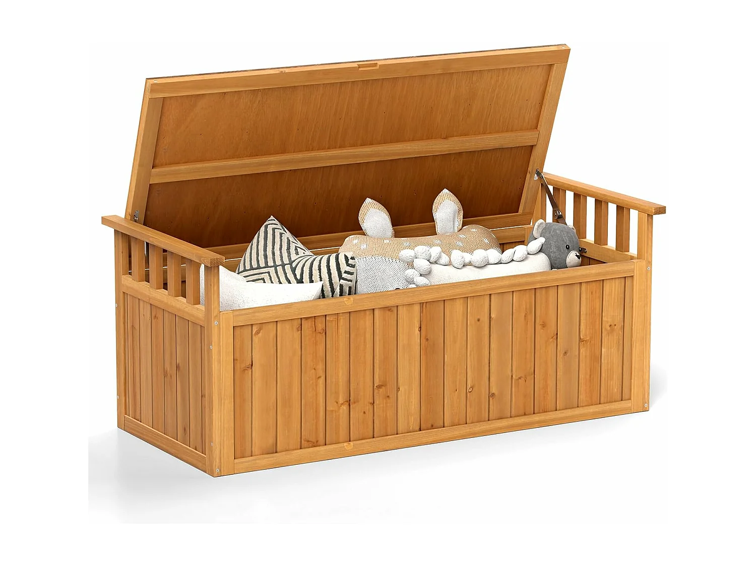 Banc de Rangement d'Extérieur en Bois, Banc de Jardin à 2 Places de 209 L avec Accoudoirs, Coffre de Stockage en Bois pour Outils de Jardin, Charge 100KG