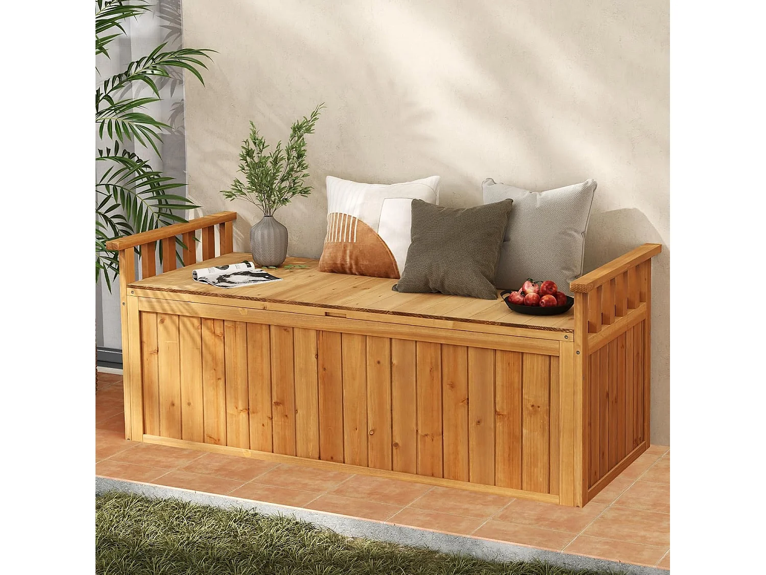 Banc de Rangement d'Extérieur en Bois, Banc de Jardin à 2 Places de 209 L avec Accoudoirs, Coffre de Stockage en Bois pour Outils de Jardin, Charge 100KG