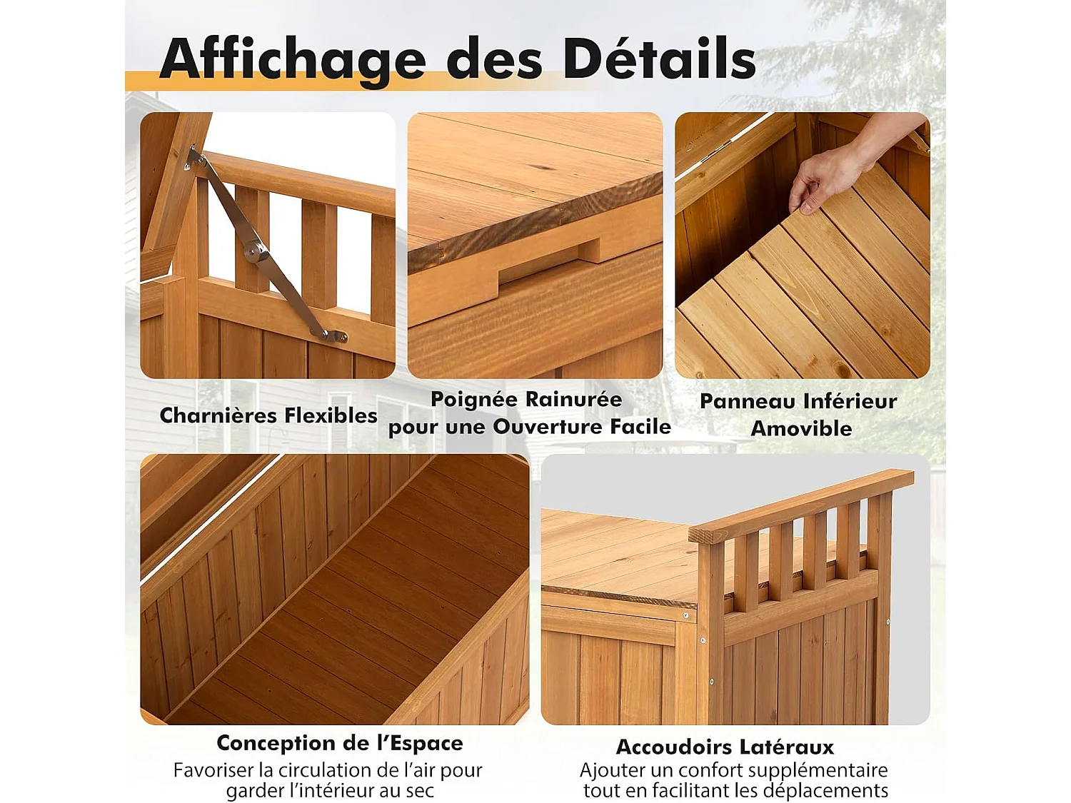 Banc de Rangement d'Extérieur en Bois, Banc de Jardin à 2 Places de 209 L avec Accoudoirs, Coffre de Stockage en Bois pour Outils de Jardin, Charge 100KG