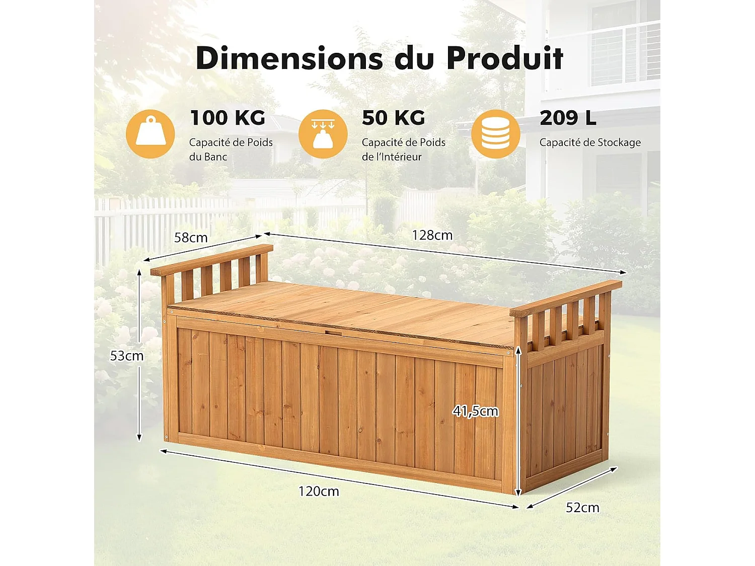 Banc de Rangement d'Extérieur en Bois, Banc de Jardin à 2 Places de 209 L avec Accoudoirs, Coffre de Stockage en Bois pour Outils de Jardin, Charge 100KG