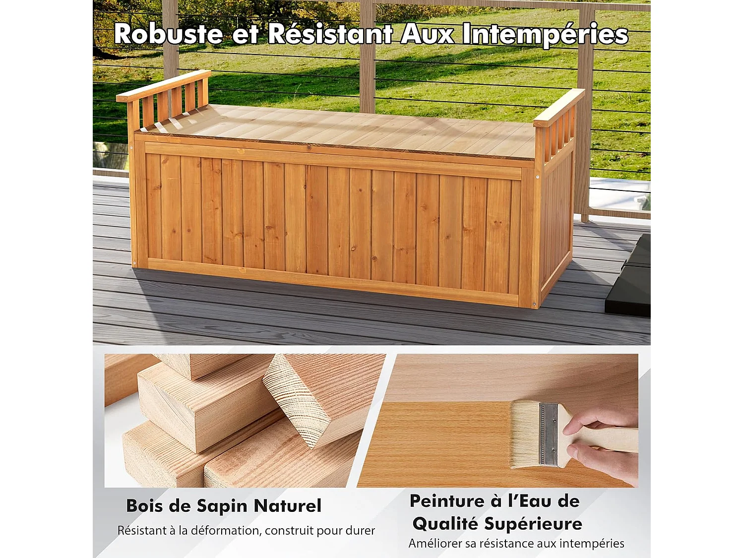 Banc de Rangement d'Extérieur en Bois, Banc de Jardin à 2 Places de 209 L avec Accoudoirs, Coffre de Stockage en Bois pour Outils de Jardin, Charge 100KG