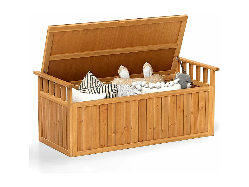 Banc de Rangement d'Extérieur en Bois, Banc de Jardin à 2 Places de 209 L avec Accoudoirs, Coffre de Stockage en Bois pour Outils de Jardin, Charge 100KG