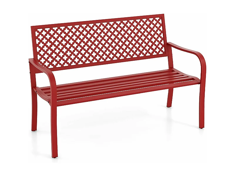 Banc de Jardin à 2 Places, Banc d'Extérieur avec Cadre en Acier et Accoudoirs Incurvé, Chaise de Patio avec Dossier Ajouré & Siège à Lattes, Charge 300 KG (Rouge)