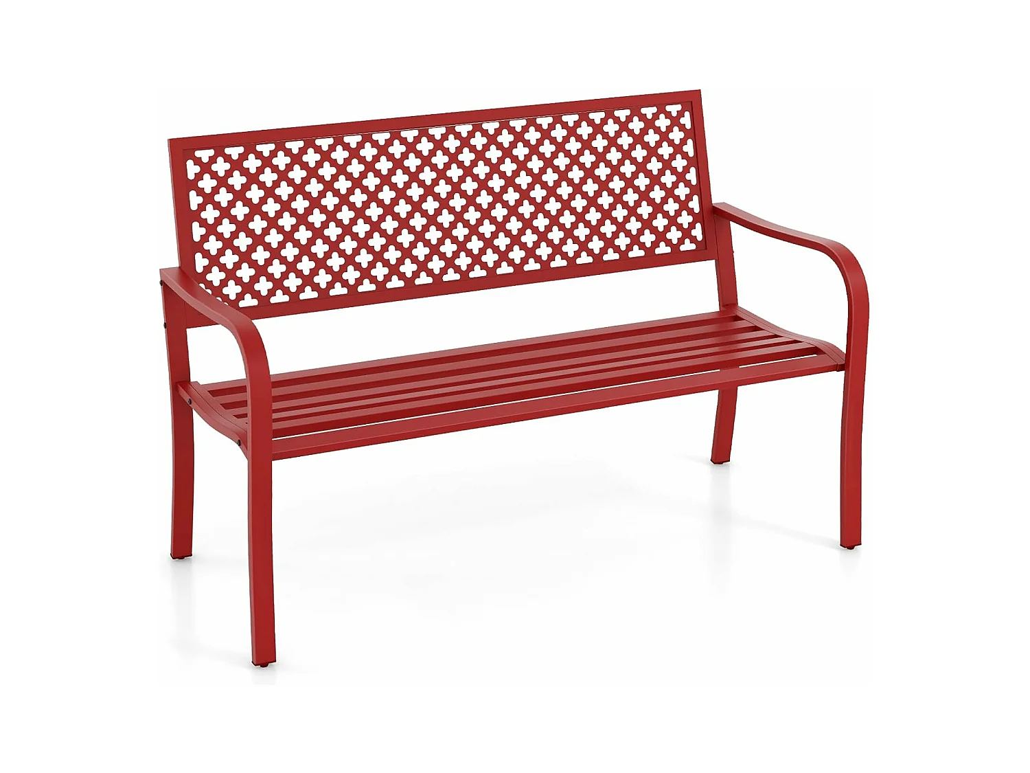 Banc de Jardin à 2 Places, Banc d'Extérieur avec Cadre en Acier et Accoudoirs Incurvé, Chaise de Patio avec Dossier Ajouré & Siège à Lattes, Charge 300 KG (Rouge)