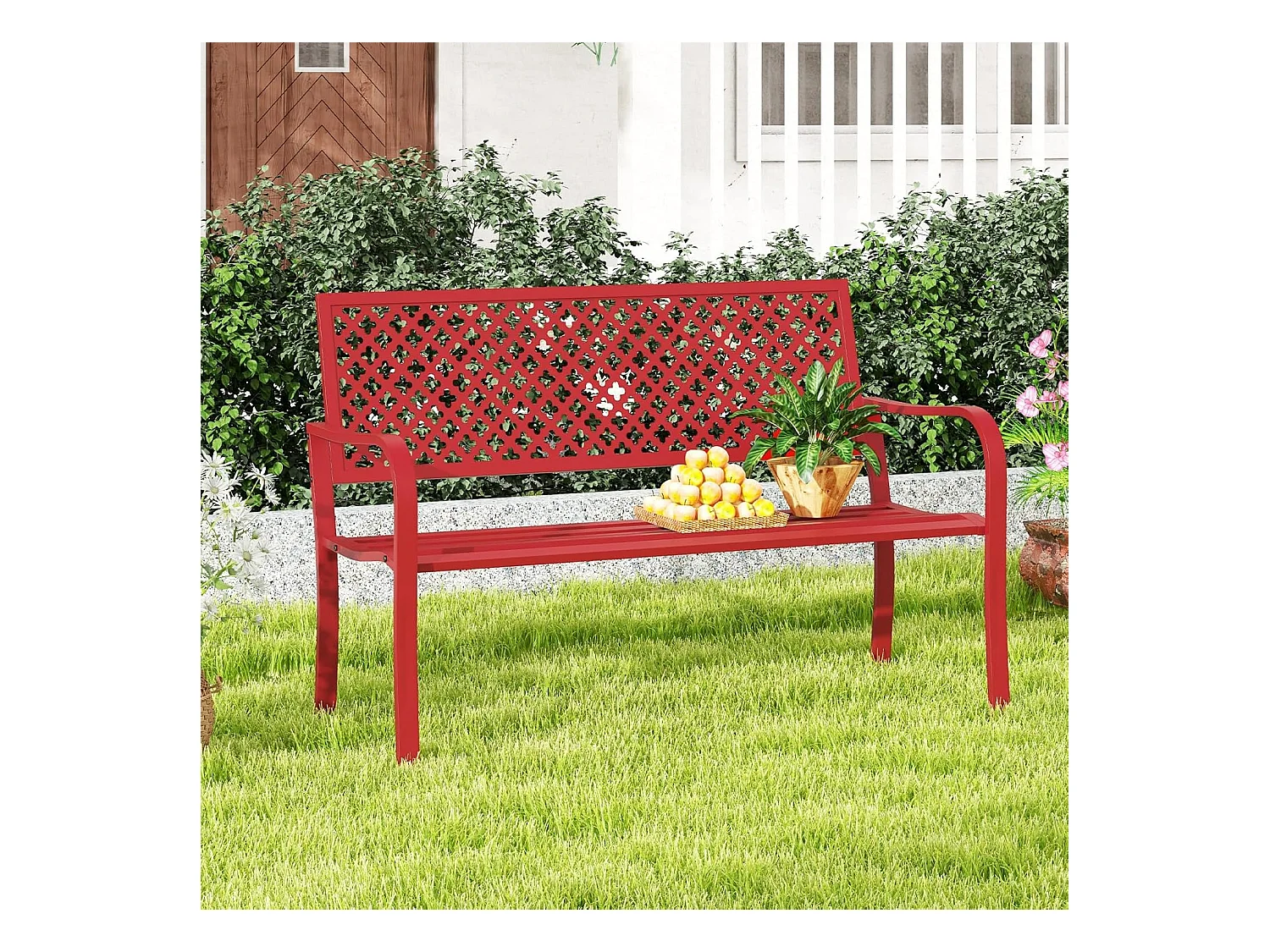 Banc de Jardin à 2 Places, Banc d'Extérieur avec Cadre en Acier et Accoudoirs Incurvé, Chaise de Patio avec Dossier Ajouré & Siège à Lattes, Charge 300 KG (Rouge)