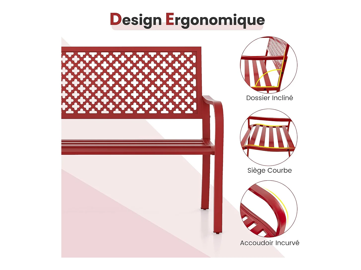 Banc de Jardin à 2 Places, Banc d'Extérieur avec Cadre en Acier et Accoudoirs Incurvé, Chaise de Patio avec Dossier Ajouré & Siège à Lattes, Charge 300 KG (Rouge)