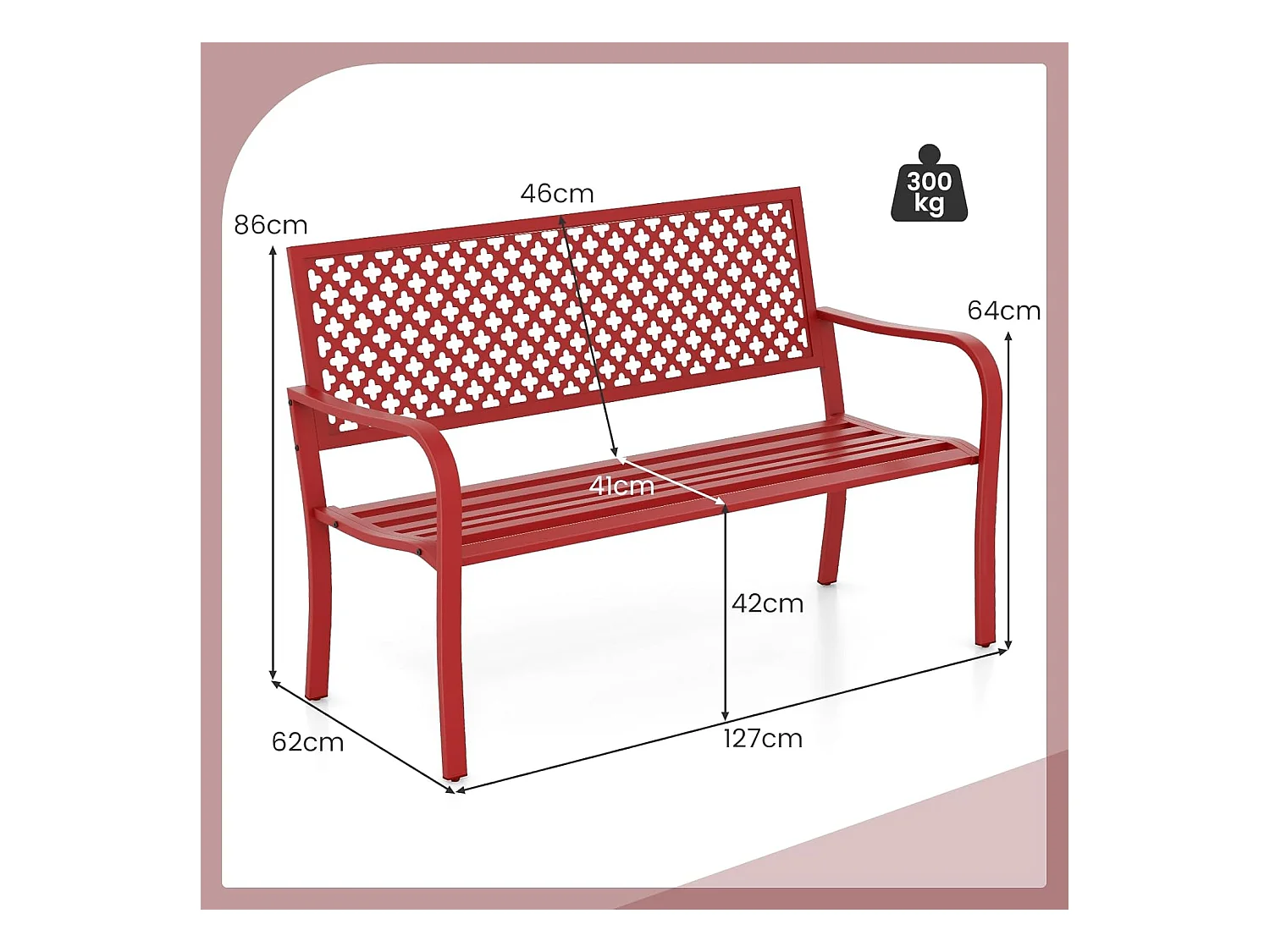 Banc de Jardin à 2 Places, Banc d'Extérieur avec Cadre en Acier et Accoudoirs Incurvé, Chaise de Patio avec Dossier Ajouré & Siège à Lattes, Charge 300 KG (Rouge)