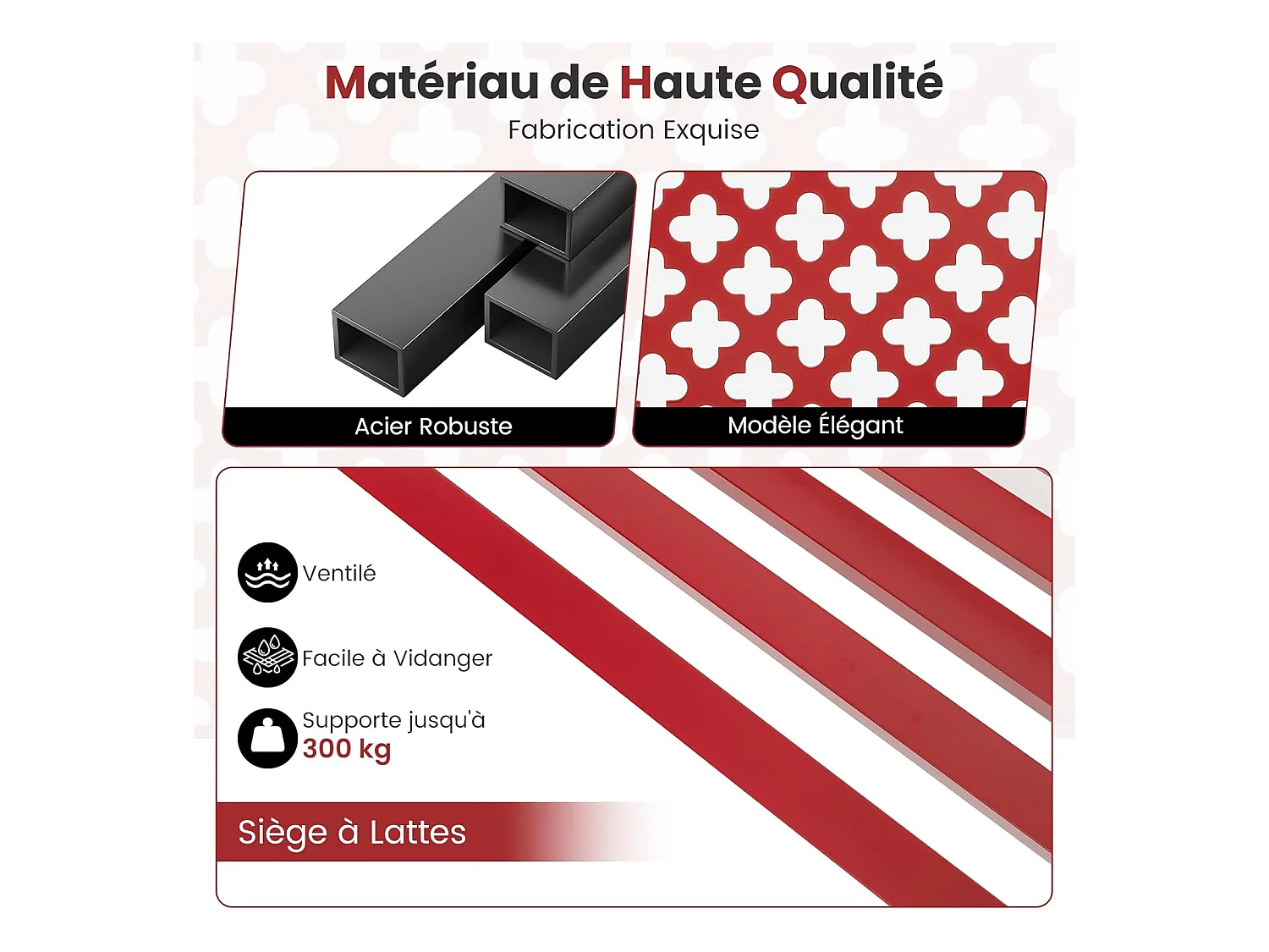 Banc de Jardin à 2 Places, Banc d'Extérieur avec Cadre en Acier et Accoudoirs Incurvé, Chaise de Patio avec Dossier Ajouré & Siège à Lattes, Charge 300 KG (Rouge)