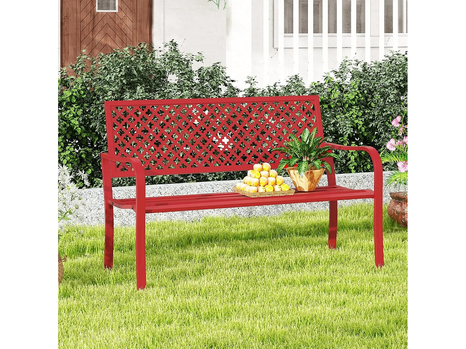 Banc de Jardin à 2 Places, Banc d'Extérieur avec Cadre en Acier et Accoudoirs Incurvé, Chaise de Patio avec Dossier Ajouré & Siège à Lattes, Charge 300 KG (Rouge)