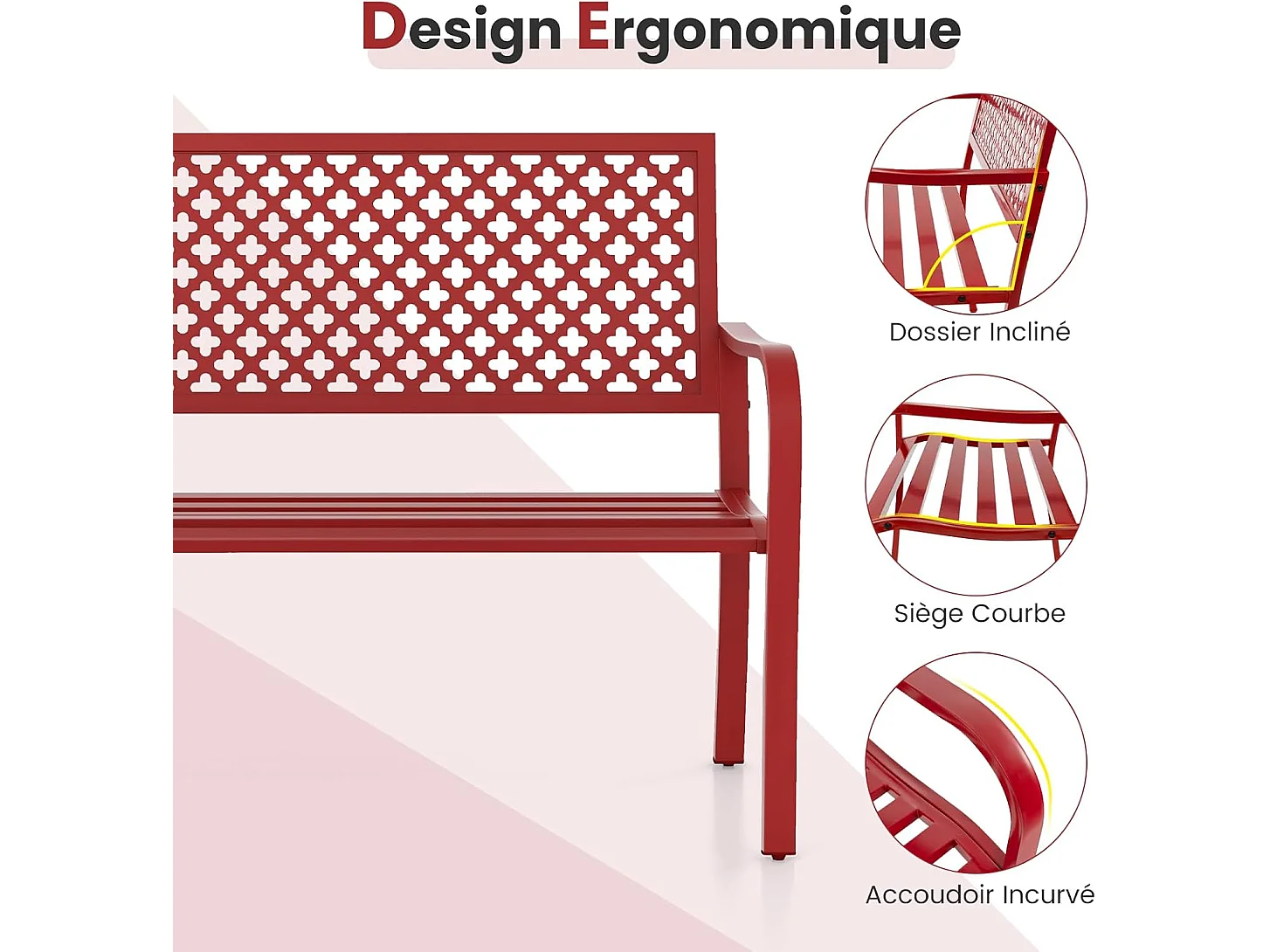 Banc de Jardin à 2 Places, Banc d'Extérieur avec Cadre en Acier et Accoudoirs Incurvé, Chaise de Patio avec Dossier Ajouré & Siège à Lattes, Charge 300 KG (Rouge)