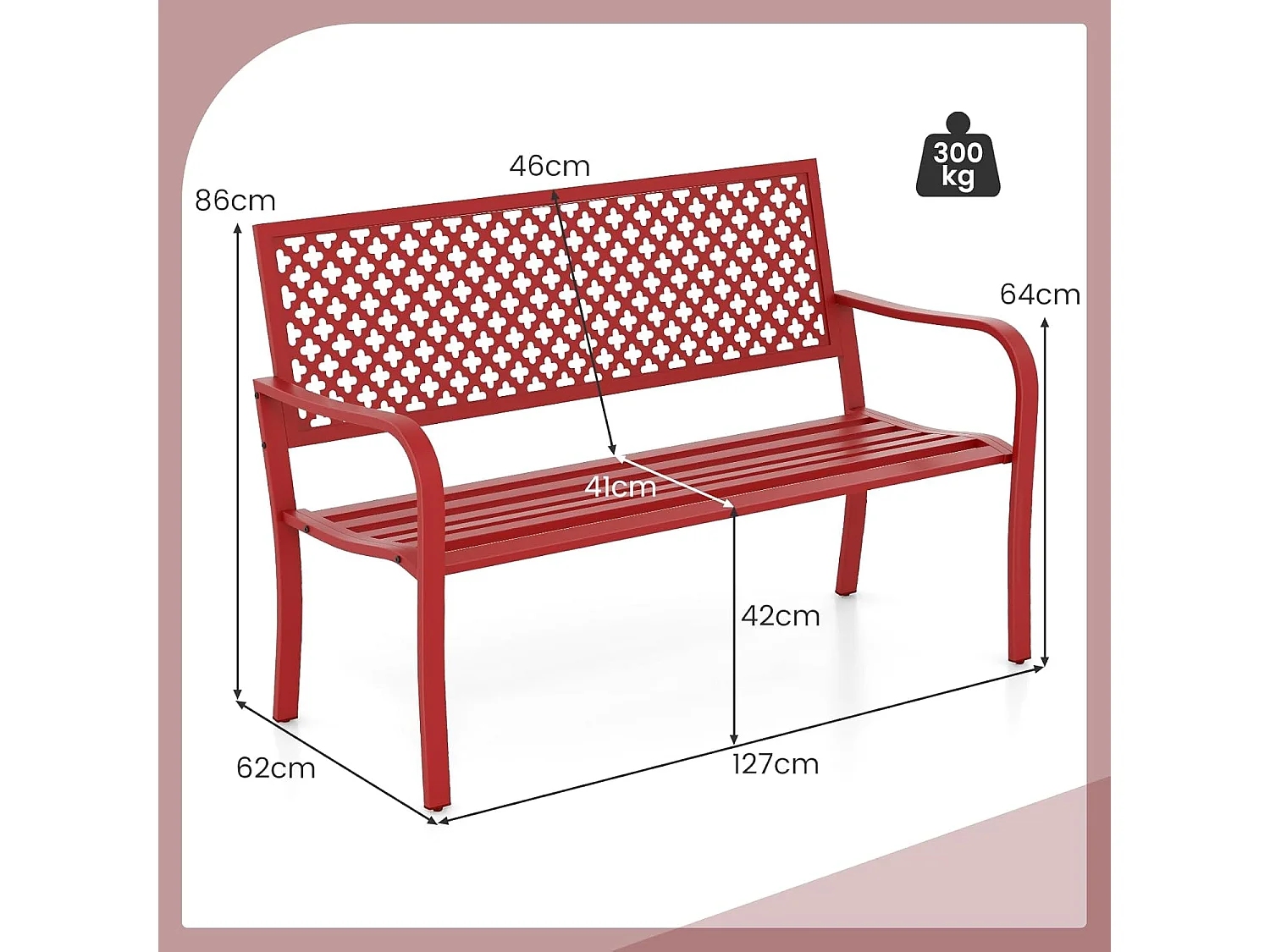 Banc de Jardin à 2 Places, Banc d'Extérieur avec Cadre en Acier et Accoudoirs Incurvé, Chaise de Patio avec Dossier Ajouré & Siège à Lattes, Charge 300 KG (Rouge)